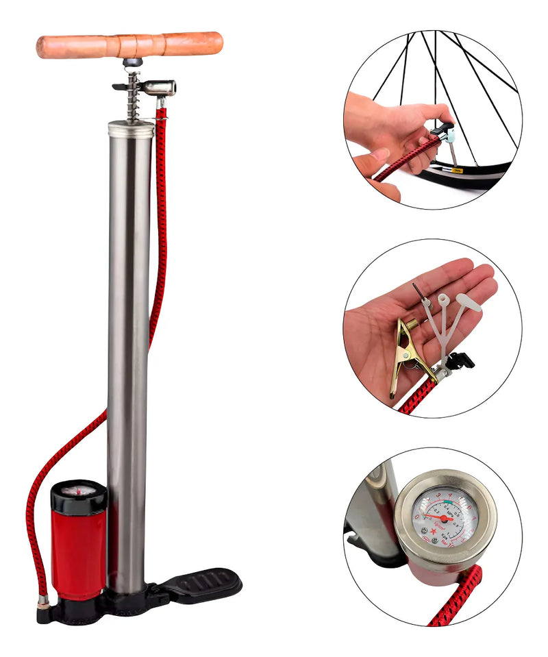 Bomba De Ar Manual Para Encher Pneus Com Manômetro 2 Bicos C